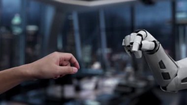 Bir insan eli ve robot bir el dijital bir arayüze doğru uzanarak, modern yenilik ve işbirliğini gösteren teknoloji simgelerinin arasında bir işaret işareti sergiliyor. Auvana