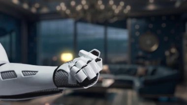 Bir robot el, yenilikçi bir ofis ortamında müşteri memnuniyet oranlarını sergileyerek, teknoloji ve müşteri geribildirimlerinin iş geliştirme açısından kesişimini vurguluyor. Auvana