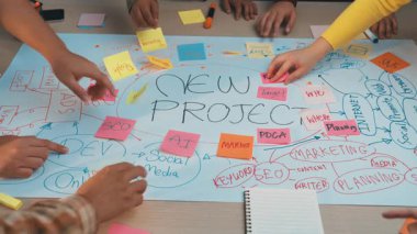 Yeni bir proje için işbirlikçi bir beyin fırtınası oturumunu tasvir eden canlı bir sahne, masada renkli yapışkan notlarla çalışan, yaratıcı takım çalışmalarını yakalayan eller. SACTR