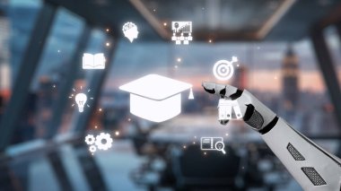 Gösterişli bir ofis ortamında eğitim ikonlarına uzanan, modern eğitim sistemlerindeki teknoloji ve öğrenmenin kesişimini gösteren fütürist bir robot el. Auvana