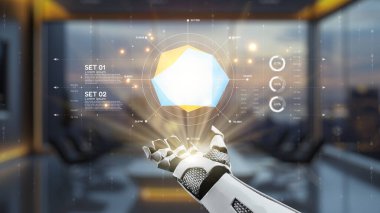 Robotik bir el, modern ofis ortamında parıldayan 3 boyutlu geometrik bir nesneye doğru uzanır, ileri teknoloji ve geleceksel tasarım unsurları sergiler. Auvana
