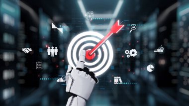 Bu resimde, iş analitiği ve teknolojisini temsil eden dijital simgelerin bir zeminine karşı kırmızı okla hedeflenen robotik bir el görülüyor. Auvana