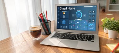 Smart home technology, centric remote control system with digital dashboard for air conditioning, safety security network or house automation. App software, ui panel programming IOT monitor snugly