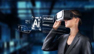 Sanal gerçeklik teknolojisini kullanan profesyonel bir kadın yenilikçi ve dinamik bir dijital ortamda yapay zeka ve sohbet robotlarının yeteneklerini keşfediyor. XDMCP