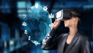 Bir iş kadını sanal gerçeklik kulaklığıyla küresel bağlantıyı ve yapay zeka teknolojisindeki gelişmeleri temsil eden dijital yenilikleri araştırıyor. XDMCP