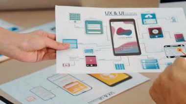 Mobil uygulama için kullanıcı arayüzü prototipini ofis çalışanlarına sunan harika bir şirket çalışanı. UX UI tasarımcısı iş arkadaşına kağıt üzerinde tasarım hakkında övgüde bulundu. Sinerjik