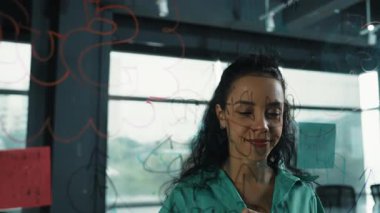 Zeki, profesyonel İspanyol iş kadınının portresi renkli yapışkan notlarla cam tahtaya pazarlama fikirleri yazıyor. Genç yönetici, analiz iş planının zihin haritasını çiziyor. - Yakın çekim. Yönlendirici.