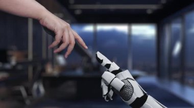 Modern ofis ortamında çeşitli dijital arayüz elementlerinin yer aldığı yapay zekanın gelecekteki bir videosu. Yenilik ve teknoloji entegrasyonunu gösteriyor. Auvana