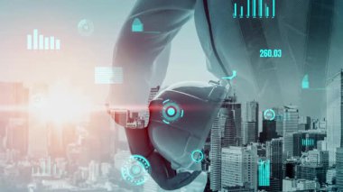 Gelecekteki bina inşaatı ve HUD hologram grafik tasarımı ile yaratıcı mühendislik projesi konsepti. İnşaat mühendisi, mimar ya da inşaat işçisi modern sivil teknoloji ile çalışıyor..