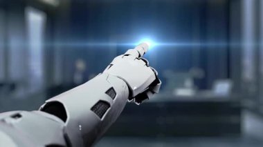 Robotik bir el, teknolojinin ve modern iş çözümlerinin kesişmesini sembolize eden gösterişli ofis ortamında dijital simgelerin bulunduğu bir arama çubuğunu hedef alıyor. Auvana