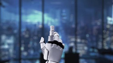 Robotik bir el dijital yapay zeka arayüzüne bağlanıyor, şık bir ofis arkaplanına karşı kuruluyor, yenilikçi teknoloji ve gelişmiş kavramları sergiliyor. Auvana