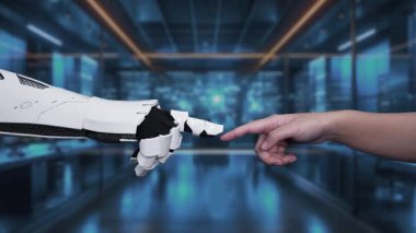 Yapay zeka ve insanlar arasındaki etkileşimin büyüleyici bir görsel temsili, dijital çalışma alanında insan parmağına uzanan bir robot eli gösteriyor. Auvana