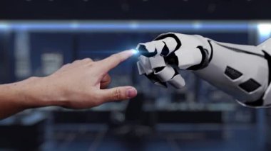 Bir robot kolun dijital simgelerle etkileşime girerken, bir insan elinin teknolojideki bağlantıyı ve yeniliği sembolize ettiği bulut hesaplamasının çarpıcı bir görsel temsili. Auvana