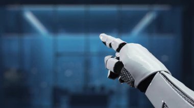 Gelişmiş teknoloji, yenilik ve modern çalışma alanı verimliliğinin kavşağını vurgulayan, yapay zekayı gösteren dijital bir ekrana robotik bir kol işaret ediyor. Auvana