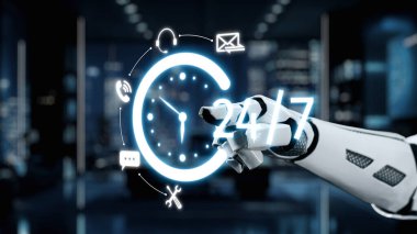 Gelecekçi bir robot eli, teknolojiyi ve yeniliği vurgulayarak, modern bir iş ortamında 24 saatlik hizmeti ve desteği sembolize eden parıldayan dijital saat görüntüsüyle etkileşir. Auvana