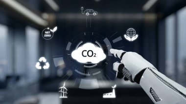 Robot bir el, karbon emisyonlarını, sürdürülebilirlik hedeflerini ve çevresel etkileri vurgulayarak, teknoloji ve ekolojinin kesişimini sembolize ederek sanal ekrana doğru uzanır. Auvana