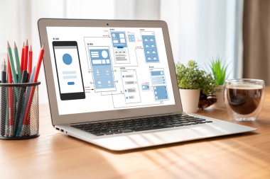 Model mobil uygulama ve web sitesi için UX UI tasarım süreci. Profesyonel uygulama geliştiricisi için kablo grafiğinin yaratıcı prototipi .