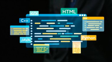HTML, Java ve Python gibi popüler programlama dillerini vurgulayan canlı bir dijital arayüz, teknolojiyle ilgili temalar için mükemmel, parlak ve koyu bir arkaplan üzerine kurulmuştur. Dörtgen