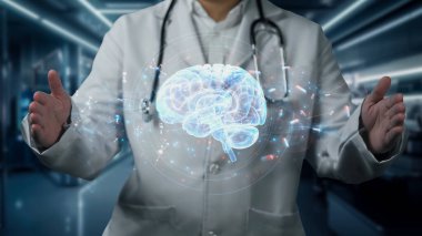 Beyin anatomisi hologramı tutan zeki doktorların laboratuvarda bulanık geçmişleri var. Profesyonel tıp çalışanı beyin ameliyatına hazırlanıyor. Teknoloji yeniliği. İyileştirici.