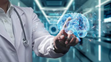 Laboratuvarda geçmişi bulanık dururken beyin hologramına işaret eden zeki doktorlara yaklaş. Tıp çalışanı beyin yapısını incelerken tıbbi verileri kontrol ediyor ve erişiyor. İyileştirici.
