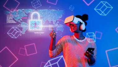 Sanal gerçeklik teknolojisini kullanarak bugün dijital ortamda siber güvenlik, veri güvenliği ve mahremiyet alanlarını araştıran bir kişinin canlı bir tasviri. XDMCP