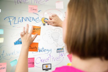Profesyonel iş kadınının elini kapat ve iş planını sunarken renkli yapışkan notları beyaz tahtaya yapıştır. Yaratıcı iş toplantısı ve beyin fırtınası konsepti. Tertemiz..