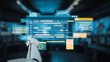 Gelecekçi bir robot, yüksek teknolojili çalışma alanında Python, Java, C ve HTML gibi çoklu programlama dillerini gösteren canlı bir kodlama arayüzü ile etkileşir. Auvana