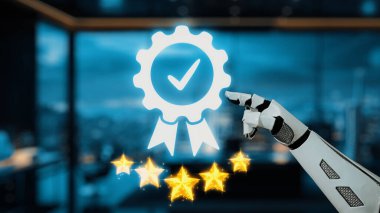 Robotik bir el, üzerinde işaret işareti olan parlak bir rozeti işaret eder. Yıldızlarla dolu, modern bir ofis zeminine kurulmuş başarıyı ve tanınmayı sembolize eder. Auvana