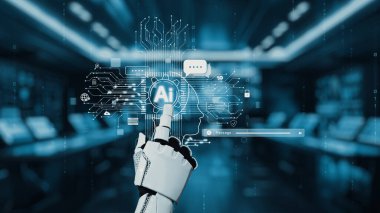 Modern dijital çalışma alanındaki dinamik yapay zeka arayüzü ile etkileşime girmeye hazır, yenilik ve gelişmeyi sembolize eden parlak bir robot el. Auvana