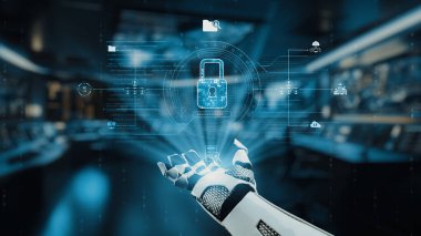 Fütürist bir robot el, yüksek teknolojili bir ortamda kilit simgeleri ve veri akışları da dahil olmak üzere siber güvenliği temsil eden dijital elementlerle etkileşime geçiyor. Auvana