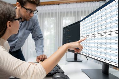 Bilgisayar ekranındaki muhasebe yazılımı finansal hesap tablolarını ve şirket işletmelerinin hesap bakiyesini gösteriyor. Muhasebeciye iyi bir hesap açığı sunuyor.