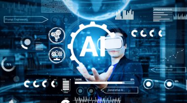 Akıllı proje yöneticisi AI sohbet hologramını tutuyor ve modern ofiste kulaklık takıyor. Profesyonel iş adamı bulanık geçmişi olan artırılmış gerçeklik gözlükleri üzerinde çalışıyor. Teknoloji. Yaratıcılık.