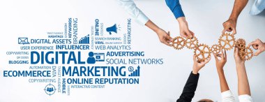 Dijital pazarlamada işbirlikçi çabaların görsel olarak temsili, markalaşma, sosyal ağlar ve etkili müşteri ilişkileri stratejilerinin vurgulanması. Dostluk