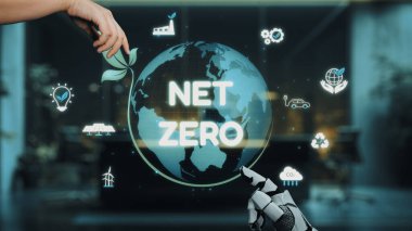 Ağ Sıfır kavramının dinamik dijital temsili, dünya çapında yeşil elementlerle etkileşimi gösteren, sürdürülebilirliği ve teknolojik yeniliği sembolize eden. Auvana