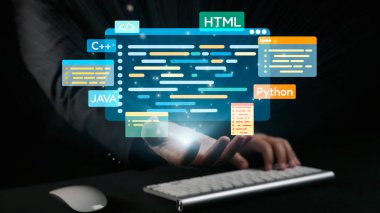 Bir programcı el, teknolojinin ve dijital yeniliğin geleceğini gösteren farklı programlama dillerinde parlayan bir kod parçacıklarına ulaşır. Dörtgen