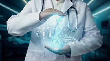 Yetenekli doktorların DNA örneği hologramı hastanede yüzüyor. Profesyonel tıp çalışanı tedaviye hazırlanırken ve genetik testler yaparken semptomları kontrol ediyor. İyileştirici.