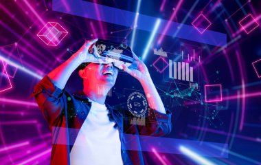 Canlı veri görselleştirmeleri ile etkileşime geçip, modern finansal planlama ve pazarlama stratejilerini sembolize eden bir kullanıcının sanal gerçekliği deneyimlediği dinamik bir sahne. XDMCP