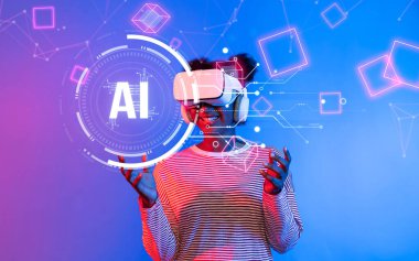 Sanal gerçeklik kulaklığı takan genç bir insan, yapay zekadaki teknoloji ve yaratıcılığın kesişimini temsil eden yaratıcı bir dijital dünyayı keşfediyor. XDMCP