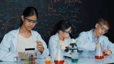Öğrenci tahtada teoriyle deney yaparken güzel bir kız mikroskop altında araştırma yapıyor. Genç bilim adamı renkli çözeltiyi deneysel ekipmanlarla inceledi. Öğretim.