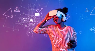 Sanal gerçekliğe dalmış bir kullanıcıyı gösteren canlı bir sahne, kişisel otomasyonu ve öğrenme deneyimlerini geliştiren yapay zeka ve sohbet robotu teknolojilerini keşfediyor. XDMCP