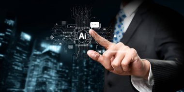 Yapay zeka sanal asistanı Chatbot ile yapay zeka konsepti ile insan etkileşimi, yapay zeka mühendisliği, LLM yapay zeka derin öğrenimi iş desteği için üretken yapay zeka kullanımı. FaaS