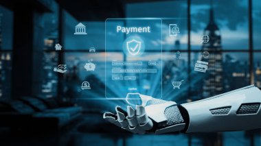 Bir robot zarif bir şekilde modern bir şehir ortamında güvenli dijital ödeme teknolojisini sergiliyor, finansal işlemler ve kullanıcı etkileşimindeki yenilikleri vurguluyor. Auvana