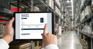 Muhasebe uygulamasından gelen fatura bilgisayar ekranında. Şirket işlerinin finans ve bütçesi için bilgisayar programı. Rahatça..