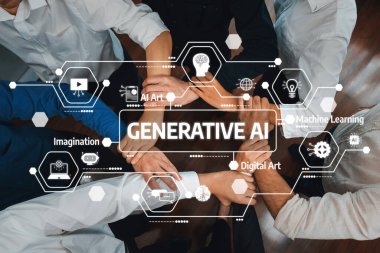 Çeşitli eller dijital araçlar etrafında bir araya gelerek, üretken yapay zeka sanatları, makine öğrenmesi ve yaratıcılığı sorunsuzca harmanlamada işbirliğini sembolize ederler. Dostluk