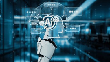 Robot bir el, modern dijital ortamda teknoloji ve yeniliğin birleşimini sembolize eden parlayan yapay zeka arayüzüne uzanıyor. Auvana