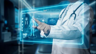 Profesyonel doktor muayenesini kapat ve insan muayene raporuna bak. Doktor röntgene bakıyor ve HUD gösterge panelindeki kalp atışlı tüm vücut hologramını analiz ediyor. İyileştirici.