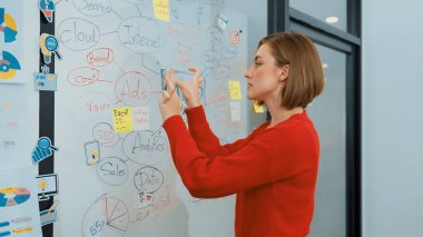 Profesyonel çekici kadın lider, modern iş toplantı odasında beyin fırtınası zihin haritalama istatistikleri ve renkli yapışkan notlar kullanarak yaratıcı pazarlama planını sunuyor. Tertemiz..