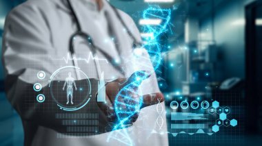 Bulanık geçmişi olan, laboratuvarda yüzen DNA örneği hologramına işaret eden zeki doktorlara yaklaş. Tıp çalışanı genetik bozukluk teşhisi için tıbbi verilere bakıyor ve erişiyor. İyileştirici.