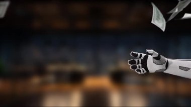 Fütürist bir robot el, teknoloji ve finans kavşağını temsil eden, modern yatırım fırsatlarını ön plana çıkaran, gösterişli bir ofiste dolar banknotları salıyor. MZL