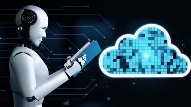 AI robot huminoid uses cloud computing technology to store data on online server . Futuristic concept of cloud information storage analyzed by machine learning process . 3D rendering .